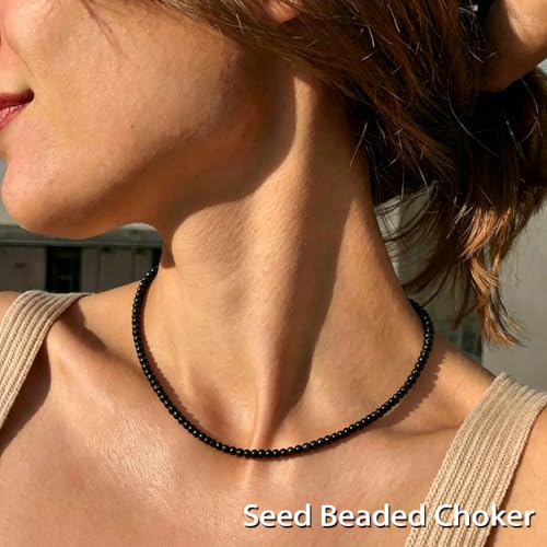 Tgirls Boho Choker Necklace Chain Rice Beaded Necklaces Seed Bead Necklace Accessory for Women - color: Black