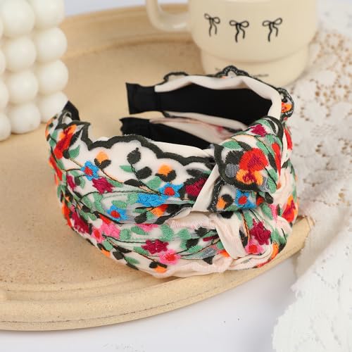 TURTLEDOVE 2 PCS Celtic Flowers Embroidered Headbands, White with Multicolor Flowers, Knotted Design, Wide Fashion Hair Accessory - color: White