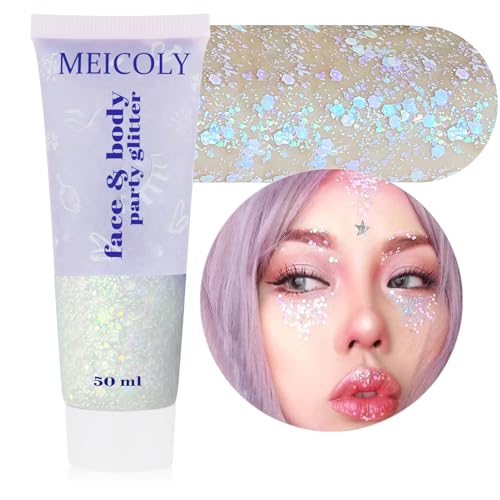MEICOLY Chameleon Iridescent White Body Glitter,Holographic Face Glitter Paint Ice Themed Aerial Performance,Self-Adhesive Color Changing Mermaid Hair Glitter,Opal Glitter for Hair,Festival Party - color: chameleon iridescent white body glitter