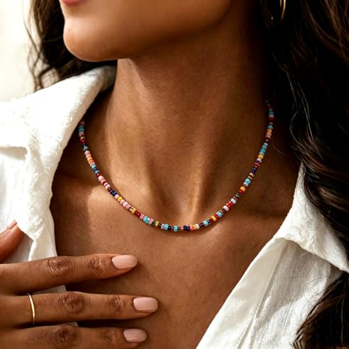 Tgirls Boho Choker Necklace Chain Rice Beaded Necklaces Seed Bead Necklace Accessory for Women - color: colorful 5