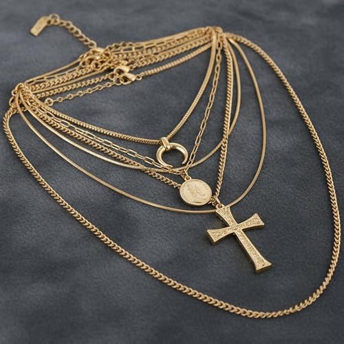 6PCS Layered Gold Necklaces for Women Trendy, 18K Gold Plated Cross Pendant Necklace Set, Vintage Chunky Gold Necklace Stack for Women Jewelry Gifts - style: 6PCS Layered Necklace Set