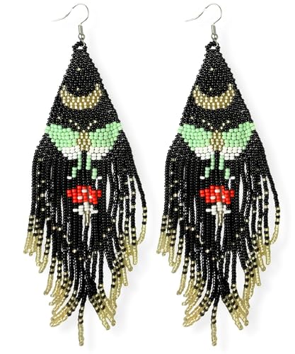 Long Beaded Earrings for Women, Statement Tassel Dangling Earrings, Native American Jewelry Boho Country Colorful Flower Moon Bead Gifts - style: Mystic Moth