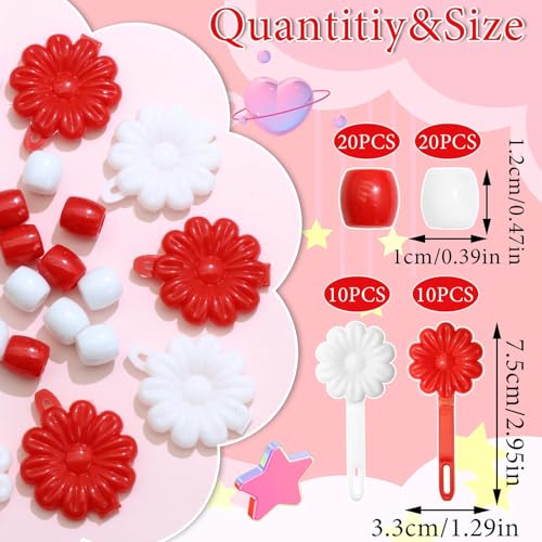 60PCS Red&White Loc Beads Hair Jewelry for Braids Cute Acrylic Dreadlocks Bead Flower Self Hinge Hair Barrettes Kids Girls Hair Clips Decoration Accessories - color: Red&White