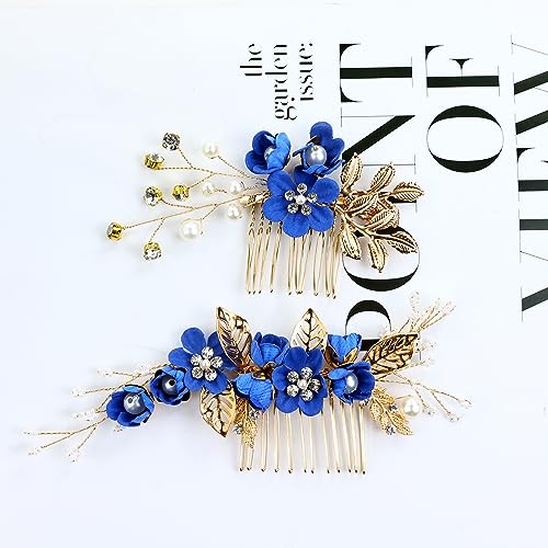 inSowni 20 Pack Classic White Dusty Pink Blue Flower Bridal Wedding Hair Side Combs+U-shaped Flower Hair Pins+Twist Spiral Pearl Hair Pins Pieces Headpieces Accessories for Brides Bridesmaids Women - color: Royal Blue