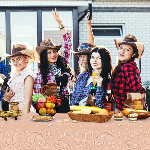 Tatuo Western Party Tablecloth Paisley Table Cover Bandana Plastic Table Cloth Rectangle Floral Tablecloth for Western Cowboy Themed Party 108 X 54 Inch(Apricot,3 Pack) - color: Apricot