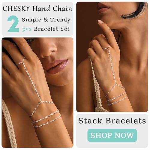 CHESKY Silver Hand Chain Bracelets for Women Set - Dainty Silver Plated Finger Ring Bracelet Stack Adjustable Hand Chains Durable Beaded Bracelets Trendy Simple Jewelry Gift for Women - style: lips bracelet-silver