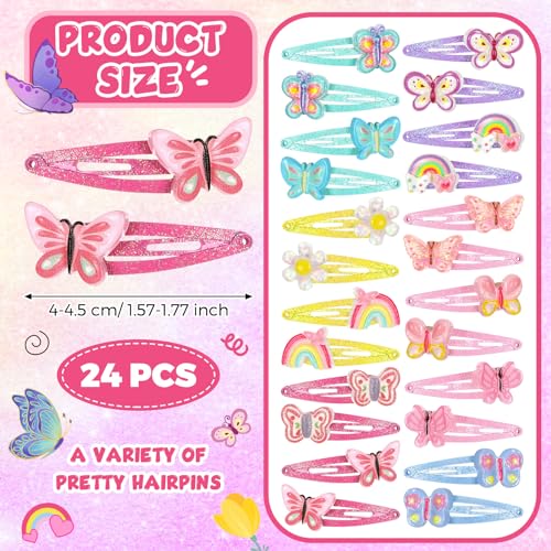 Hanaive 24 Pcs Rainbow Unicorn Clips Metal Clips Butterfly Snap Barrettes Cute Mermaid Hair Pins Sparkly Animal Hair Accessories for Toddlers Little Girls Birthday Party Gifts(Butterfly Pattern)