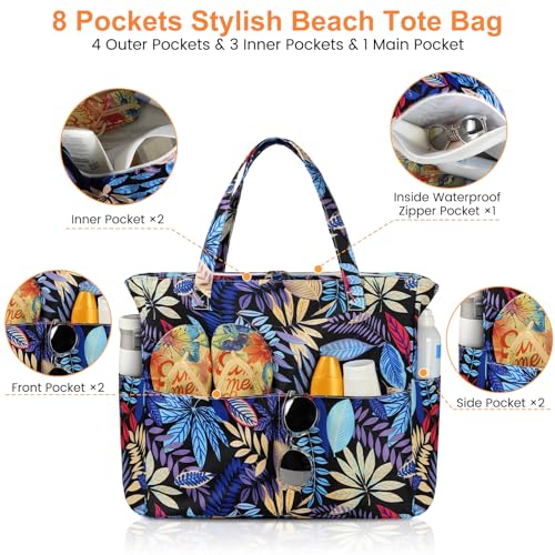 Trifabricy Beach Bags for Women Waterproof Sandproof Women Tote Bag, Large Beach Bag with Zipper for Gym Travel Vocation - color: Blue Leaves