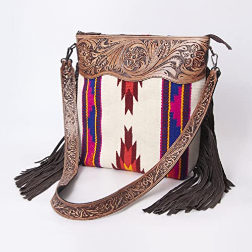 Merbaa Women Handtooled woolen saddle blanket hand woven Crossbody Bag - color: White