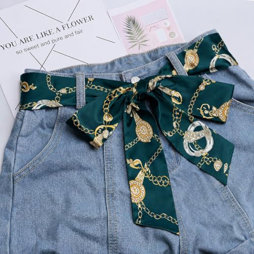 Long Thin Skinny Scarf Satin Neckerchief Ribbon Tie Waist Belt for Women - color: Green Chain
