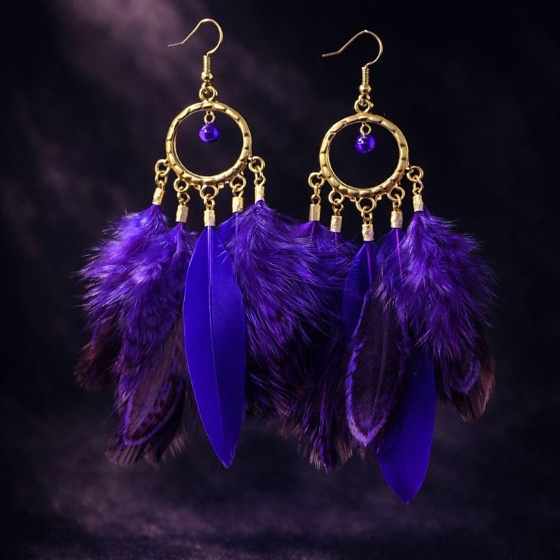 Feather Earrings for Women, Boho Long Brown Gold Dangle Drop Earrings, Handmade Statement Vintage Western Style Lightweight Trendy 2026 Fancy Unique Jewelry Gift - color: Purple