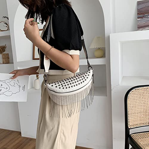 GLT.ETL Fanny Pack Chest Bag For Women Faux leather Fringe Quilted Waist Cross Body Blet Bum Bags Rivet Studded Tassel Purses (Beige White) - color: White