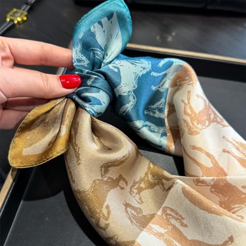 MEISEE 100% Pure Mulberry Silk Scarf 21" Square Scarf Neckerchief Headscarf Breathable Lightweight for Women Gift Packed - color: Khaki + Blue Horse