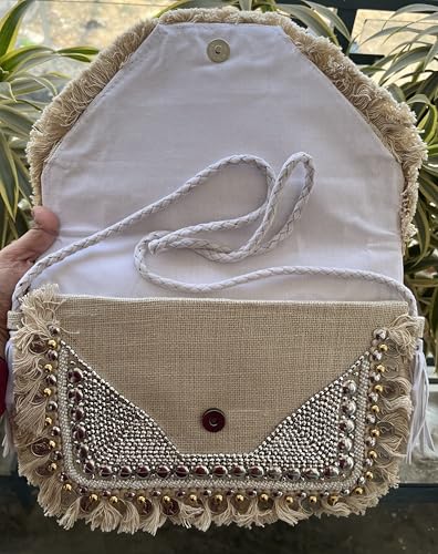 Handcrafted Boho Clutch Purse, Beaded Geometric Pattern with Fringe, Crossbody Evening Bag - color: Taupe and Gold