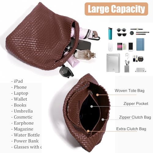 Geelyda Woven Tote Bag for Women with Purse, Fashion Shoulder Hobo Underarm Bags, Large Woven Handmade Work Commuter Day Bags - color: Coffee