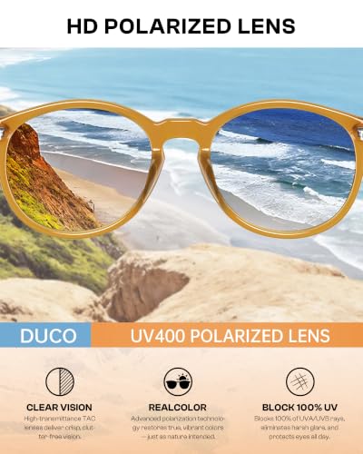 DUCO Women's Trendy Retro Round Acetate Polarized Sunglasses, UV400 99% Glare Block, Lightweight for Daily & Outdoor - color: 6. Transparent Brown Frame Brown Lens