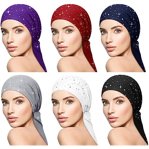 Geyoga 6 Pack Rhinestone Head Scarf for Women, Sequin Pre Tied Head Wraps, Stretchy Turban Cap for Hair Loss & Daily Wear(Sequin Style) - style: Sequin Style