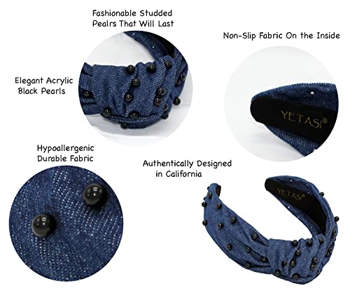 Blue Knotted Headband for Women is a Comfy Denim with Black Pearl Headbands for Women Dark Blue Jean Headband Top Knot for Girls Hair Fashion Designer - color: Blue Denim Black Pearl