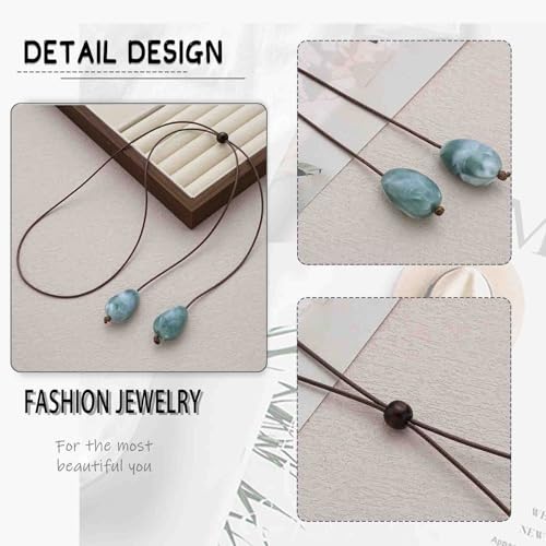 Boho Long Leather Necklace for Women Green Resin Stone Pendant Necklace Vintage Sweater Necklaces Hippie Handmade Necklaces Jewelry Accessories - color: Green