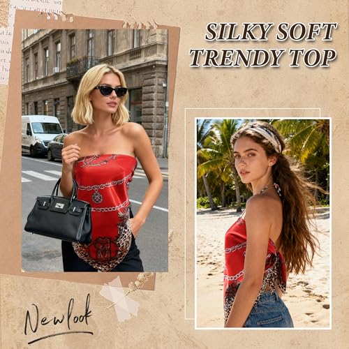 Large Square Head Scarf Bandana - 35" Satin Hair Scarf for Women Like Silk Scarf Fashion Hair Wrapping - color: Leopard Chain(red), size: 35IN*35IN