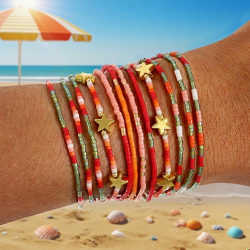 Dainty Gold Beaded Star Bracelets Stack for Women,Handmade Boho Colorful Beads Bracelet Fashion Prom Holiday Jewelry Gift Friendship Family - color: Christmas-2