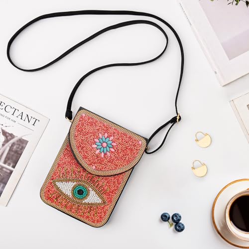 Small Beaded Crossbody Bag for Women, Boho Cell Phone Shoulder Purse Wallet with Handcrafted Colorful Beads - color: Eye-pink