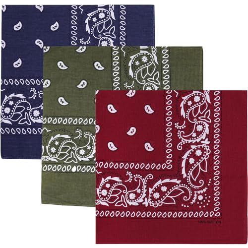 Raylarnia 100% Cotton Large Bandanas for Men and Women, 22 Inch Paisley Bandana with Multiple Colors - color: Burgundy/Army Green/Navy Blue