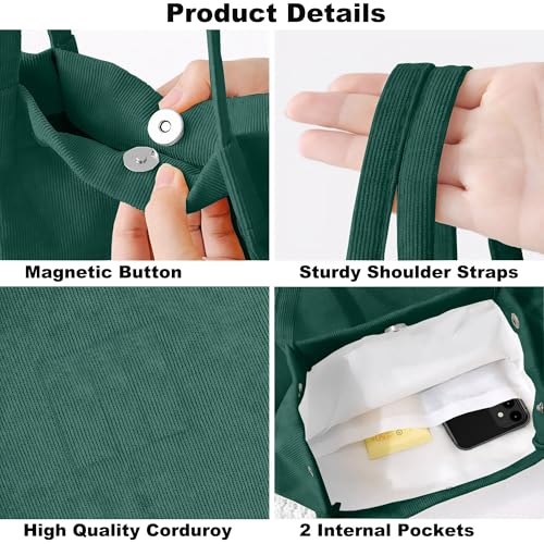 Corduroy Tote Bag for Women Small Canvas Shoulder Purse Cord Handy Bag with Inner Pocket | with Front Pocket - color: 02 Green