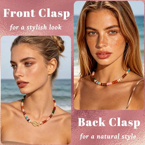 Colorful Beaded Necklace for Women Gemstone Bead Chokers Toggle Boho Natural Stone Surfer Necklaces Summer Beach Jewelry - color: B-Pink&Orange