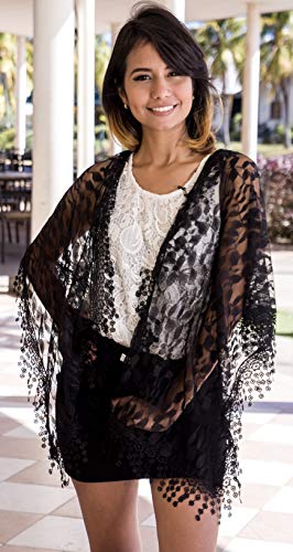 Cindy & Wendy Lightweight Soft Leaf Lace Fringe Scarf Bridal Shawl for Women - color: Black-1