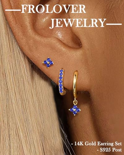 3 Pairs Gold Hoop Earrings Set for Women, Hypoallergenic 14K Gold Plated Huggie Earrings Stacks for Multiple Piercing Dainty Stud Earring Cartilage Birthstone Earring Women Jewelry Gift - color: 09. September(Sapphire)