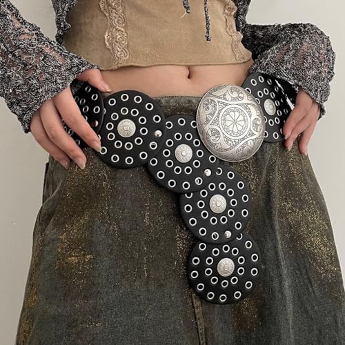 Wide Disc Belt for Women Vintage Leather Hollow Out Round Belt Western Waist Belt - color: Silver Black, size: S (39.7 in)