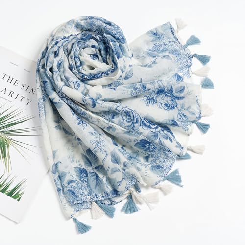 QIUTIMIY Scarf for Women Lightweight Soft Floral Leopard Printed Scarves Fall Winter Fashion Shawl Wrap with Fringe - color: Flower-sblue White