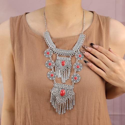 Bethynas Bohemian Ethnic Tribal Chunky Necklace Multilayer Long Tassel Turquoise Statement Neck Chain Retro Coin Gemstone Exaggerated Costume Accessories for Women - color: C-Red