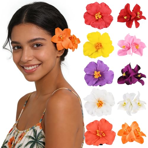 10 pcs Hawaiian Flower Hair Clips for Women，Orchid Hibiscus Hair Clips Artificial Flower Clips，Boho Hair Accessories for Vacation Beach Party - Hibiscus & Orchid - color: Hibiscus & Orchid