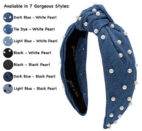 Denim Blue Knotted Headband for Women with Pearls is a Comfy Year-round Pearl Headbands for Women Wearable All Day Fashion Designer Dark Blue Jean Girls Head bands Top Knot Thick for Hair - color: Blue Denim White Pearl