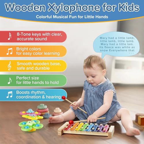Somastung 7‑in‑1 Montessori Baby Toys for 6‑12 Months & 1+ Years, Infant Sensory Teething & Stacking Blocks | Wooden Shape Sorter, Xylophone Musical Toy, Birthday Gift for Toddlers 1‑3 - size: 7 in 1