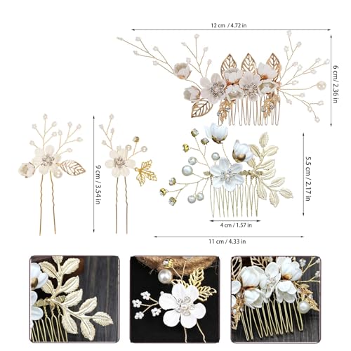 Luxury Floral Hair Clip Set - 4PCS Rose Gold & White Flower Hairs Accessories for Women, Vintage Bridesmaid Hairs Pins, Mother of Bride, Prom, Victorian Hair Decorations - color: White Base