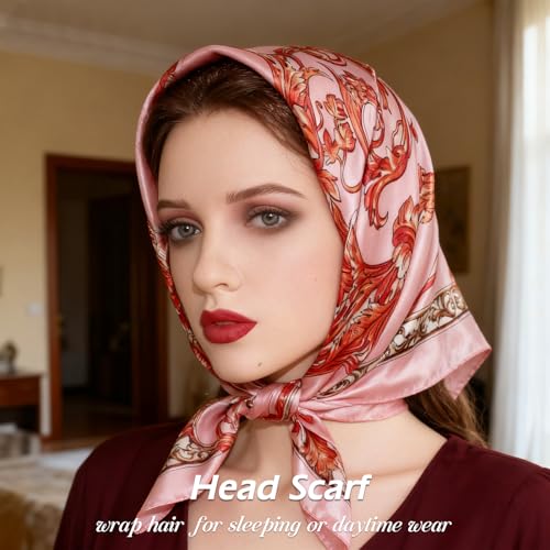 Ciormis 35" Silk Head Scarf for Women, 4 Pcs Satin Hair Scarf Square Silk Bandana Top Neck Scarves Hair Wraps for Sleeping - color: P1-vines-set13