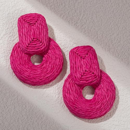Statement Raffia Earrings Cute Boho Earrings Rattan Dangle Earrings Handmade Straw Wrap Earrings Summer Drop Dangling Earrings for Women Teen Girls - color: Rose
