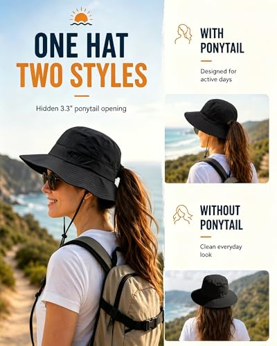 Womens Ponytail Sun Hat Packable UPF50+ Waterproof Bucket Hat Hiking Fishing Safari Hat Foldable Beach Hat - color: Black