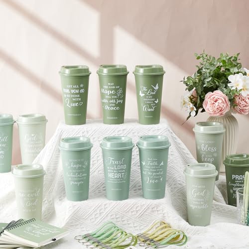 Skylety 12 Set/ 48 Pcs Christian Gifts for Women Men Religious Gift Set 16 oz Bible Scripture Cups with Lids Mini Spiral Notebooks Pens Keychains for Mother Father Birthday(Green Gradient) - color: Green Gradient
