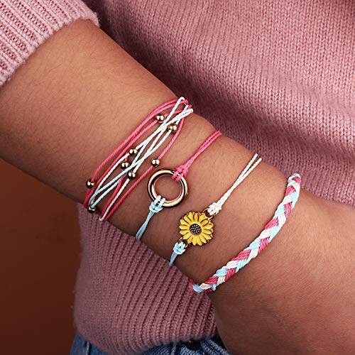 FANCY SHINY Easter Gifts Basket Stuffers Sunflower String Bracelet Boho Braided Rope Wrap Bracelets Cute Summer Beach Surfer Jewelry for Women - color: Rouge