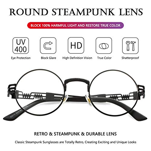 AIEYEZO Round Steampunk Sunglasses for Men Women Retro Circle Hippie Glasses Metal Frame 100% UV Blocking Lens - color: Black/Transparent