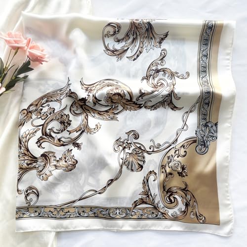 Julunar Silk Like Head Scarf for Women - Satin Large Hair Scarves - 35" Square Silk Hair Wrap for Sleeping with Gift Packed - color: A000-2 Pattern Beige