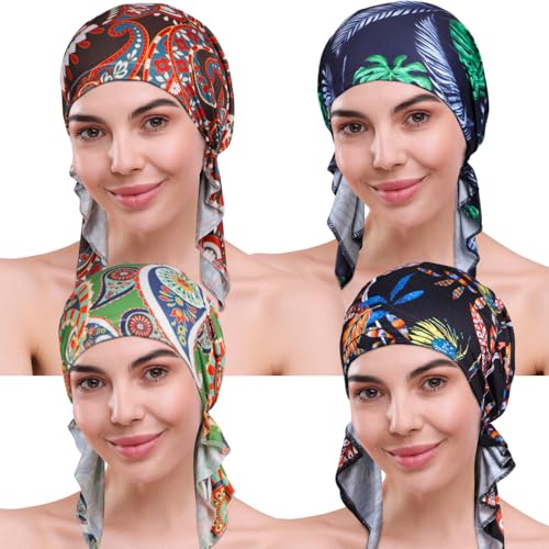 4 Pieces Chemo Headwear for Women, Pre-Tied Head Scarf Cancer Headwear for Hair Loss - color: Multicolor