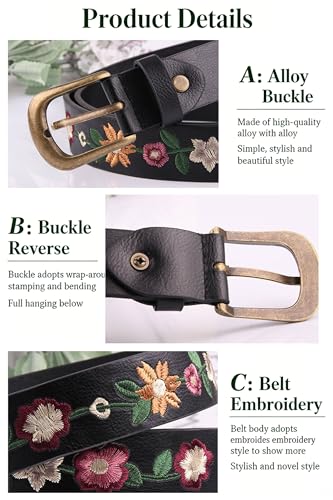 Utaly Women's Floral-Embroidered-Black-Leather-Belt - Vintage Boho Country Style Flower-Belts