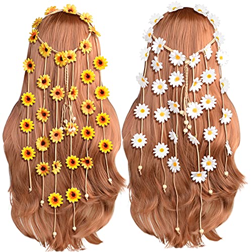 Sucrain 2pcs Flower Hippie Headband Floral Crown Summer Sunflower Hair Accessories for 70 s Bohemian Costumes Style for Women - color: White+Yellow