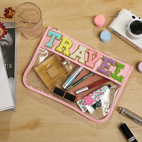 DYSHAYEN Chenille Letter Clear Zipper Pouch for Travel,Nylon Clear Cosmetic Bag,Makeup Travel Bag for Women Girls 11.8 Inches x 8.2 Inches - color: Pink-Travel