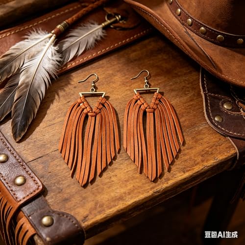Fringe Leather Earrrings Triangle Deerskin Leather Boho Western Statement Dangel Earrings for Women - color: Brown